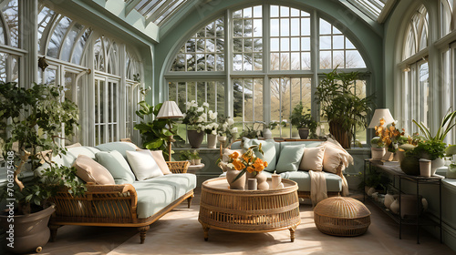 Interior design for a conservatory in a pale sage green colour scheme photo