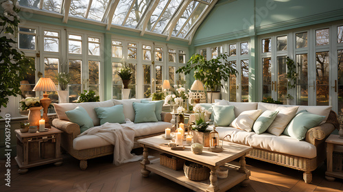 Interior design for a conservatory in a pale sage green colour scheme photo
