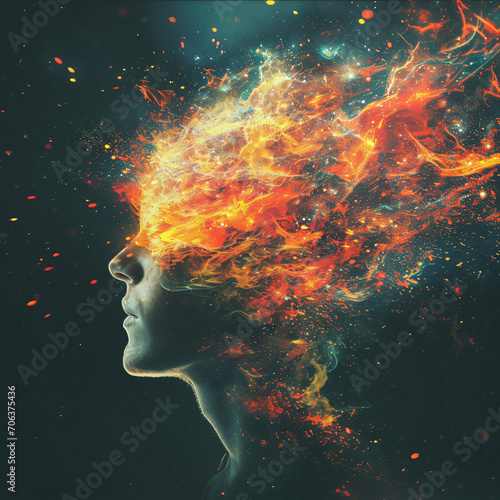 Transcendent Portraiture: Artistic Creation Merging Human Form with Cosmic Splendor - A Whirlwind of Colors Blending the Boundaries Between Head and Universe - Generative AI