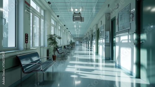 A long hallway with a bench. Can be used to depict waiting, solitude, or a peaceful environment