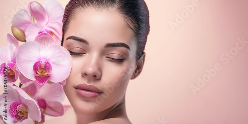 Wunderschönes Model Frauen Gesicht mit rosa Orchidee für Wellness und Spa als Poster in Nahaufnahme im Querformat, ai generativ