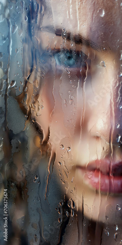 Junges trauriges Mädchen am Fenster mit Regen auf dem Glas und ist einsames und deprimiert, ai generativ © www.freund-foto.de