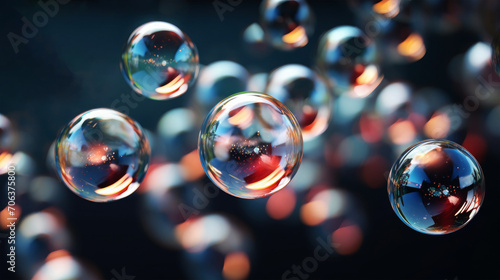 Clearly flying bubbles transparent in different sizes on grey unfocused background