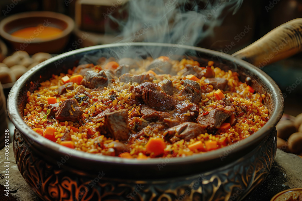 A steaming pot of plov a traditional Kazakh rice dish with succulent meat, carrots and spices