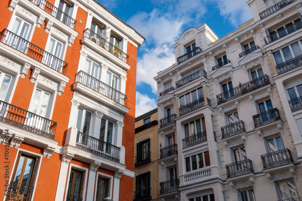 Colorful facades of apartment buildings in the Opera neighborhood in the center of Madrid in Spain Colorful facades of apartment buildings in the Opera neighborhood in the center of Madrid in Spain