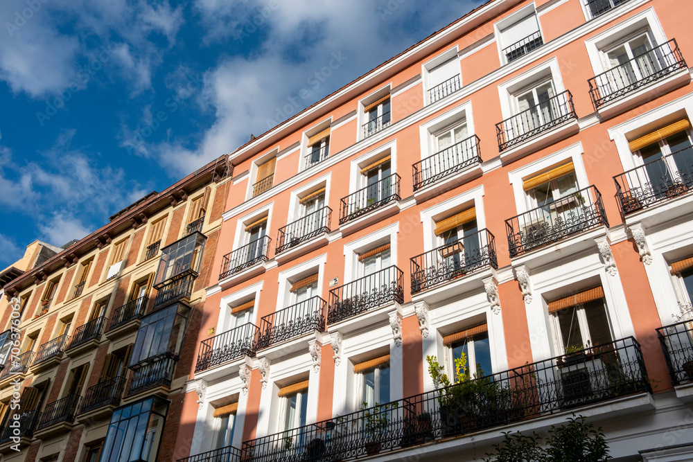 Colorful facades of apartment buildings in the Opera neighborhood in the center of Madrid in Spain Colorful facades of apartment buildings in the Opera neighborhood in the center of Madrid in Spain