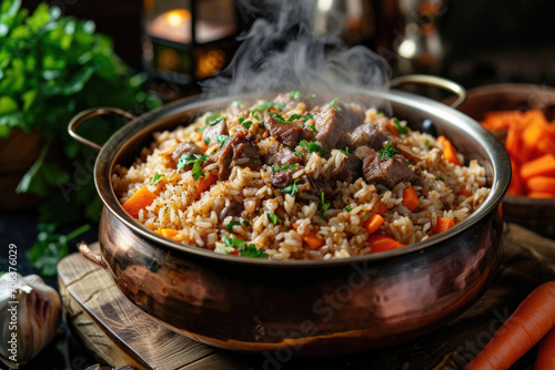 A steaming pot of plov a traditional Kazakh rice dish with succulent meat  carrots and spices