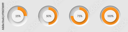 Set of pie charts from 25 to 100% for infographic design. Loading circle icon in neomorphism style. Vector illustration for your design