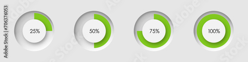 Set of pie charts from 25 to 100% for infographic design. Loading circle icon in neomorphism style. Vector illustration for your design