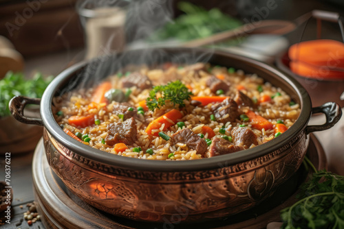 A steaming pot of plov a traditional Kazakh rice dish with succulent meat, carrots and spices