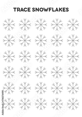 Trace snowflakes. Worksheets for kids. Preschool education.