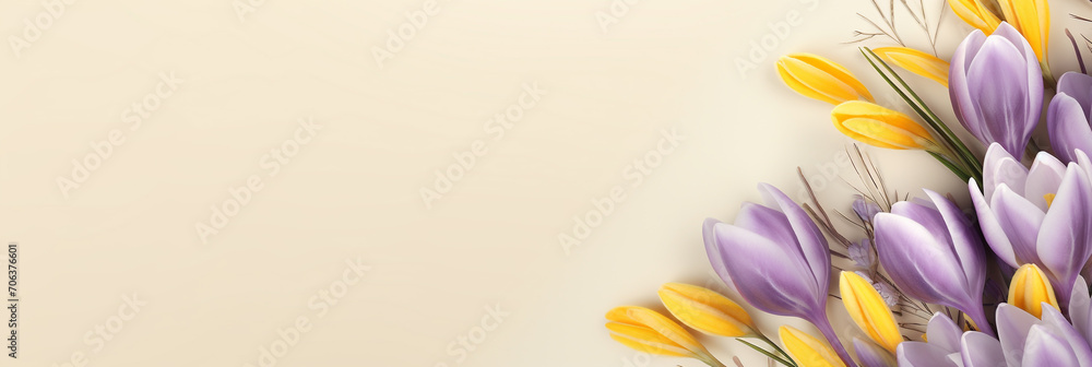 Obraz premium Crocus decorated on light yellow background with space for text