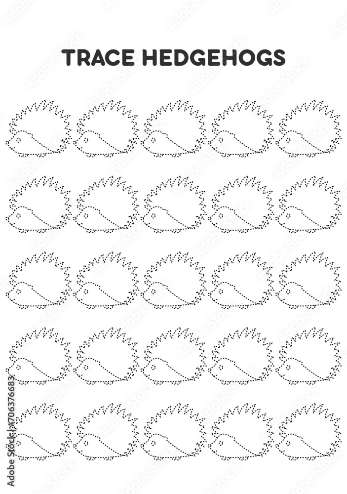 Fototapeta premium Trace hedgehogs. Worksheets for kids. Preschool education.