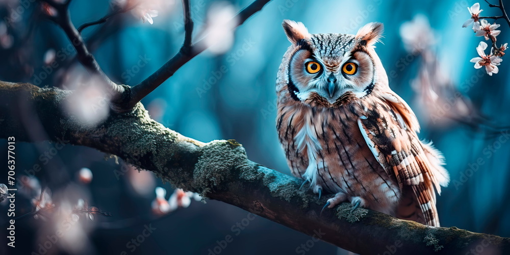 An owl sits on a branch in early spring. Beautiful bird of new life . Generative AI An owl sits on a branch in early spring. Beautiful bird of new life . Generative AI