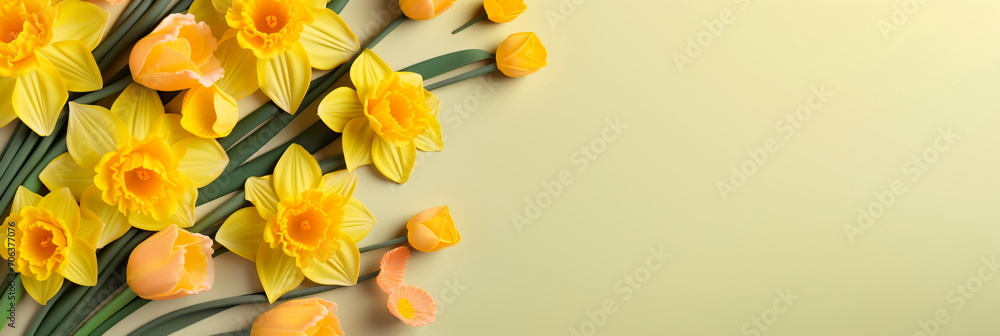 Greetings for Mother's Day with yellow daffodil flowers, Birthday, Women's Day with copy space for design. Top view, flat lay. Generative AI - obrazy, fototapety, plakaty 