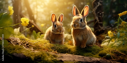 beautiful spring forest where hares play and welcome spring. Generative AI © Лилия Захарчук