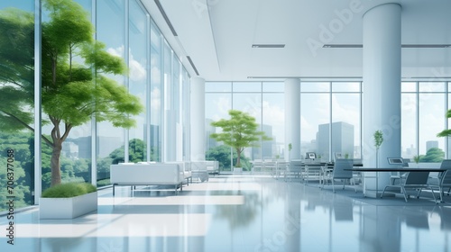 hall of modern office or medical institution in hospital, blurred background with trees and city © Onchira