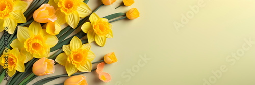 Greetings for Mother's Day with yellow daffodil flowers, Birthday, Women's Day with copy space for design. Top view, flat lay. Generative AI #706377076
