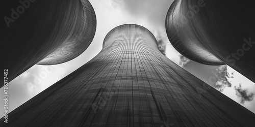 Kühltürme vom Atomkraftwerk und Kohlekraftwerk von unten nach oben Ansicht mit Rauch und Himmel im Querformat, ai generativ photo