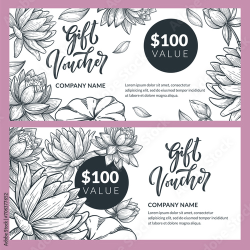 Gift card, voucher, coupon vector design. Banner layout with lotus flowers. Hand drawn sketch floral illustration