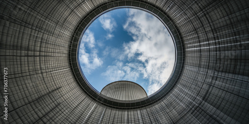 Kühltürme vom Atomkraftwerk und Kohlekraftwerk von unten nach oben Ansicht mit Rauch und Himmel im Querformat, ai generativ photo