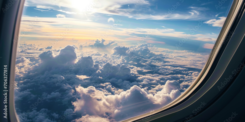 Sky view from an airplane window. White-blue clouds, sun rays. Travel by plane concept. Generative AI Sky view from an airplane window. White-blue clouds, sun rays. Travel by plane concept. Generative AI