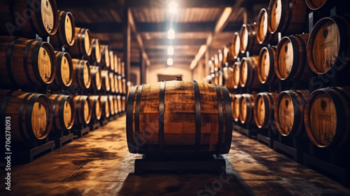 Rows of wine barrels in wine-vaults in order. Cellar with French barrique wine casks. Generative AI