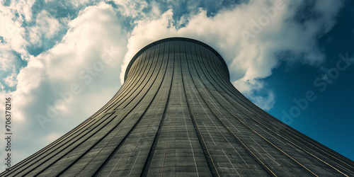Kühltürme vom Atomkraftwerk und Kohlekraftwerk von unten nach oben Ansicht mit Rauch und Himmel im Querformat, ai generativ