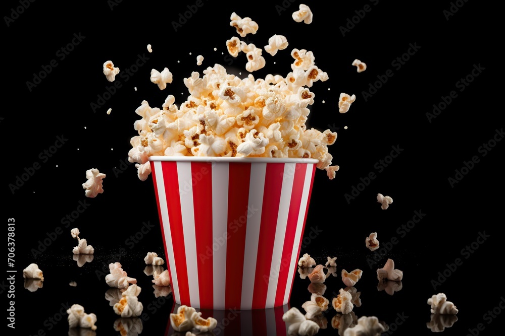 Paper cup with popcorn on black background