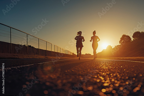 A young active couple of girls are running along the stadium running track in the rays of the rising sun. The concept of a healthy lifestyle 