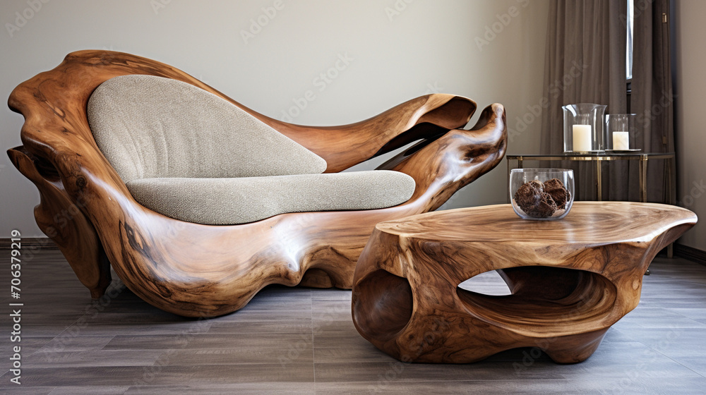 Uniquely Refined: Elegant Lounge Chair and Rustic Wooden Log Coffee Table Uniquely Refined: Elegant Lounge Chair and Rustic Wooden Log Coffee Table
