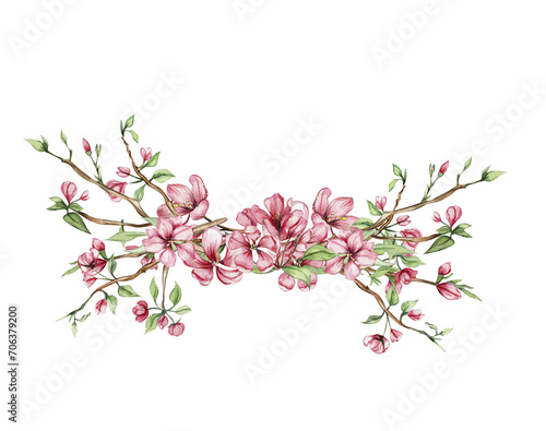 Delicate, pink sakura flowers compositions. Hand drawn watercolor illustration. For the design and decoration of postcards, posters, stickers, wallpapers, banners, souvenirs. © Leila