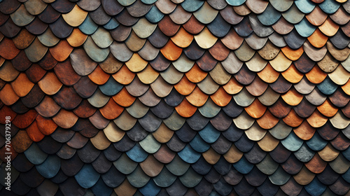 Closeup of colored colorful metallic shining shingles pattern as architecture textured wall background