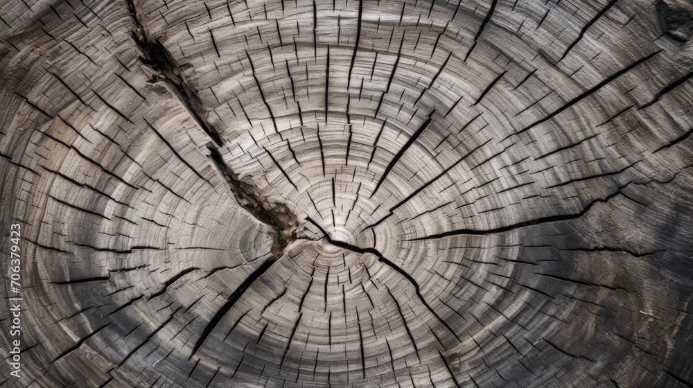 Fototapeta premium old wooden cut tree stump trunk pattern texture with circular annual rings, cross section of the tree