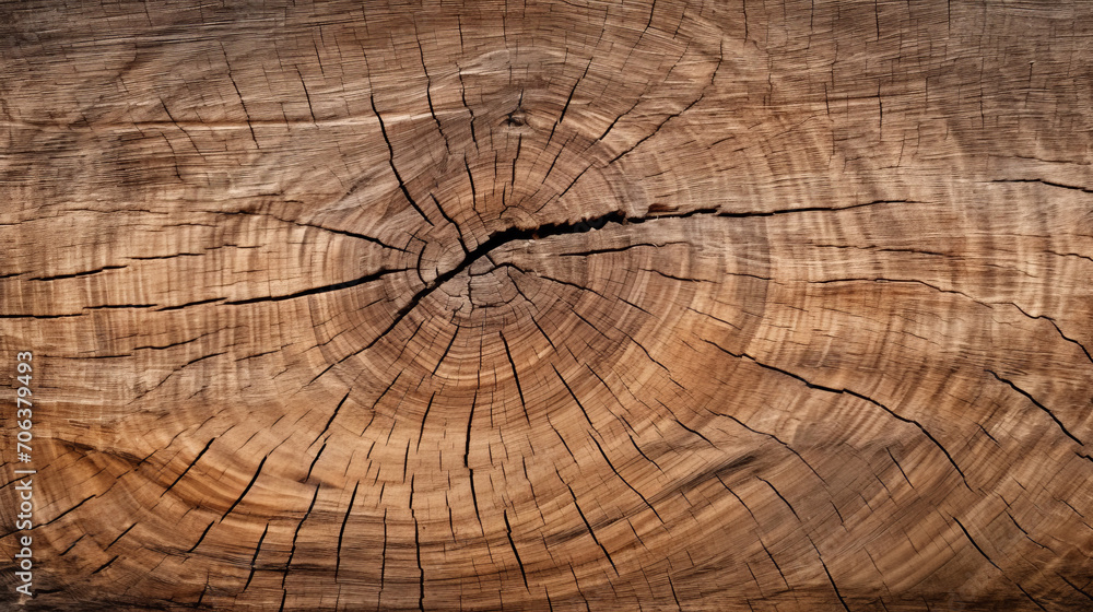 Naklejka premium old wooden cut tree stump trunk pattern texture with circular annual rings, cross section of the tree