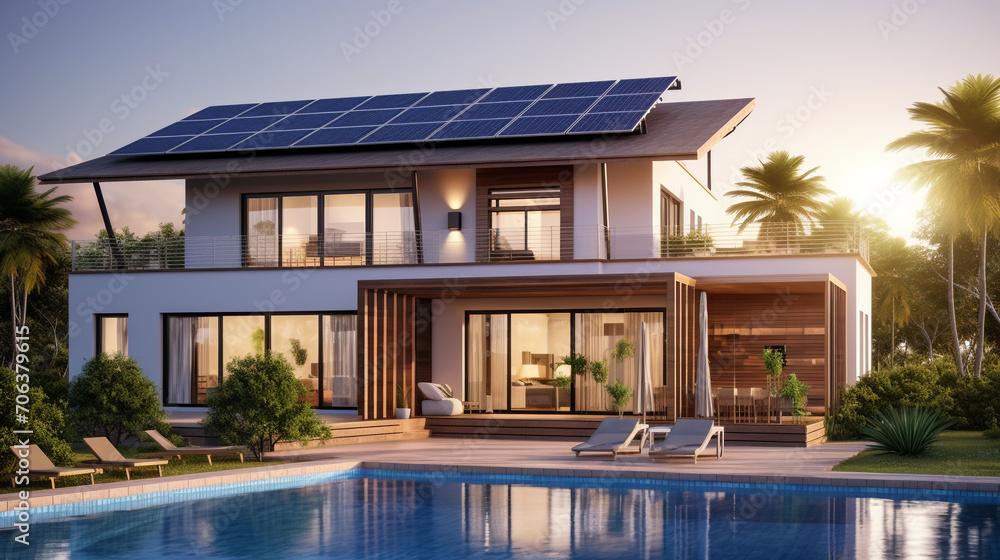 Solar Elegance: Modern Luxury Villa with Rooftop Solar Panels