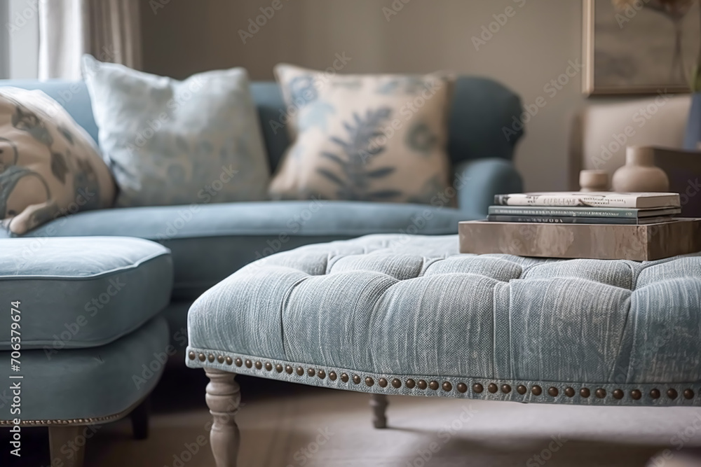 Pale blue sitting room decor, interior design and house improvement, living room furniture, sofa and home decor in country house and elegant cottage style, generative ai - obrazy, fototapety, plakaty 