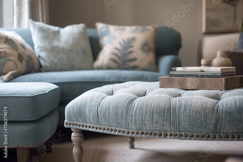 Pale blue sitting room decor, interior design and house improvement, living room furniture, sofa and home decor in country house and elegant cottage style, generative ai