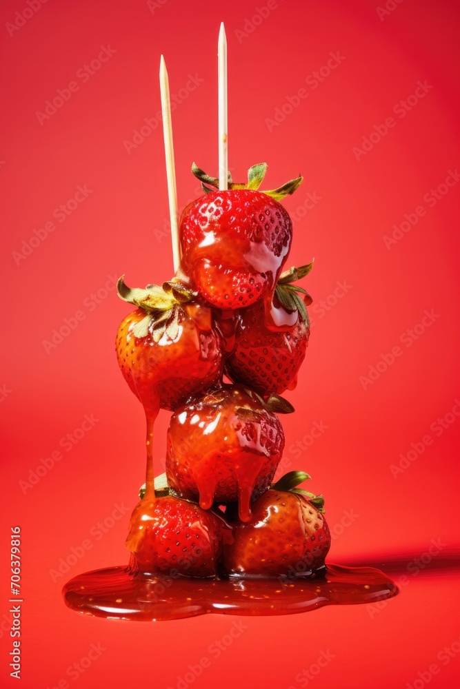 A stack of juicy strawberries strung on two sticks, with glistening syrup dripping down the bright red fruit against a matching red background
