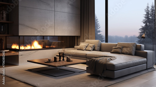 Modern Elegance: Grey Sofa by Glass Fireplace in Stylish Living Space © pierre