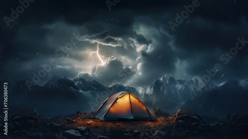 Incredible sky with lightning and tent camp. Danger tourism concept