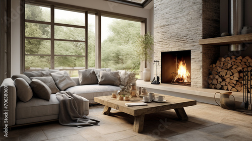 Sleek Simplicity: Grey Corner Sofa by Glass Fireplace in Modern Living Room © pierre