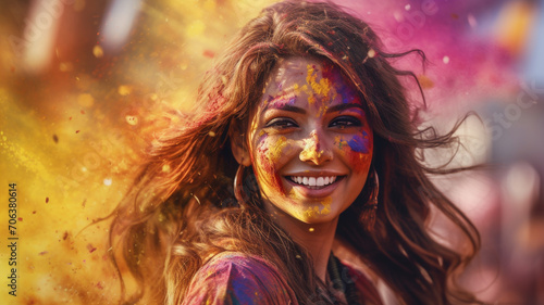 A girl in the India dress is enjoying colorful powder. Holi festival