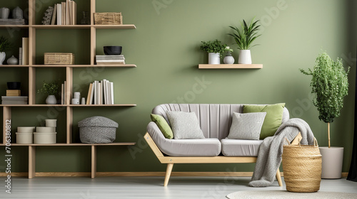 Natural Harmony: Grey Sofa, Rattan Chair, and Green Wall in Scandinavian Living Room © pierre