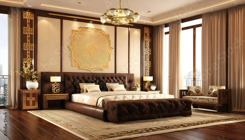 A Luxurious interior of a oriental style bedroom.