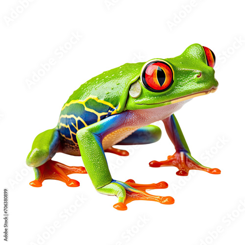  A green exotic red-eyed tree frog from the tropical jungle isolated on white background
