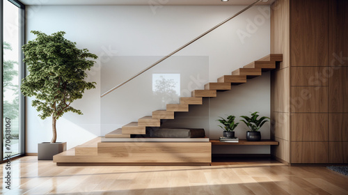 Modern Grandeur: Minimalist Entrance Hall with Wooden Staircase and Marble Flooring