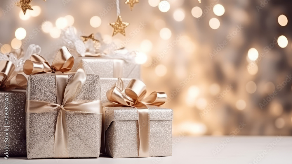Decorative gold Christmas gift in winter snow with a blank label for your seasonal greeting and a scattering of small stars Decorative gold Christmas gift in winter snow with a blank label for your seasonal greeting and a scattering of small stars