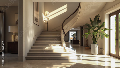 Modern interior with elegant staircase bathed in warm sunlight,creating a serene atmosphere,AI generated.
