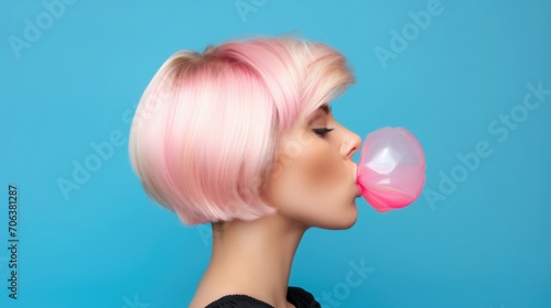 Side view of woman with short haircut on pink hair blowing bubble gum bubble